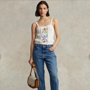 Embroidered White Knit Tank Top Ralph Lauren Wool Blend XXL
